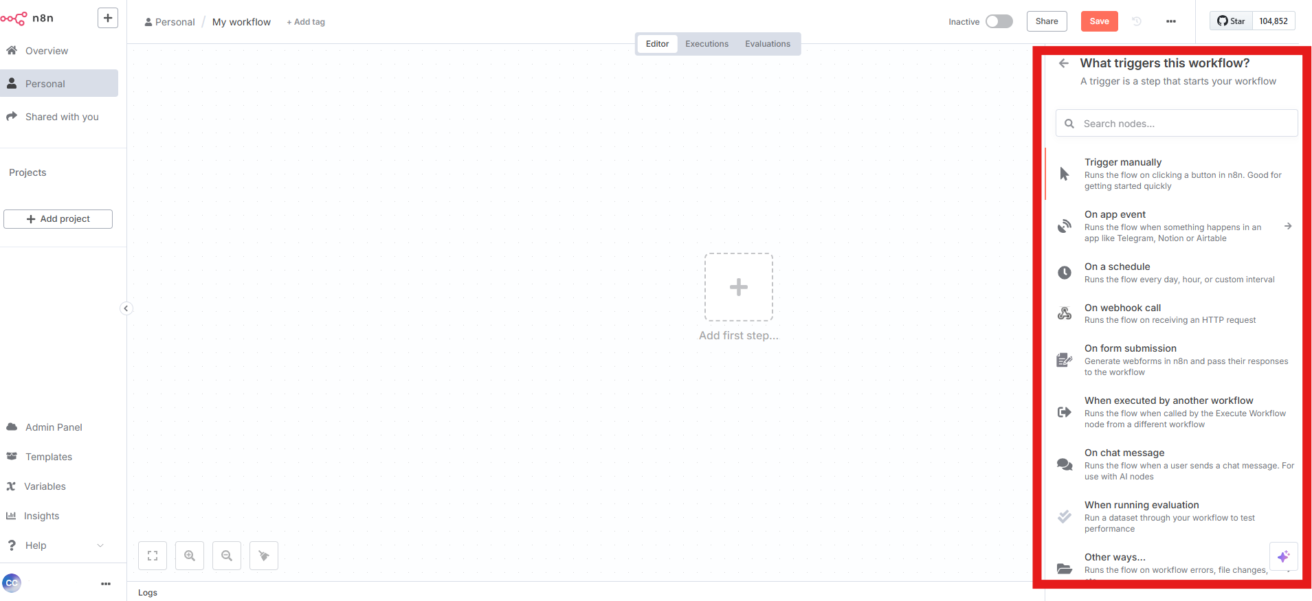 Blank workflow editor with a right-hand panel showing trigger options like "Trigger manually," "On app event," and "On a schedule."