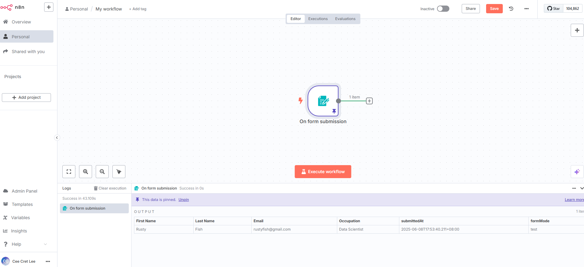 Workflow canvas with an "On form submission" node. An output table below shows submitted form data, including name, email, and occupation.