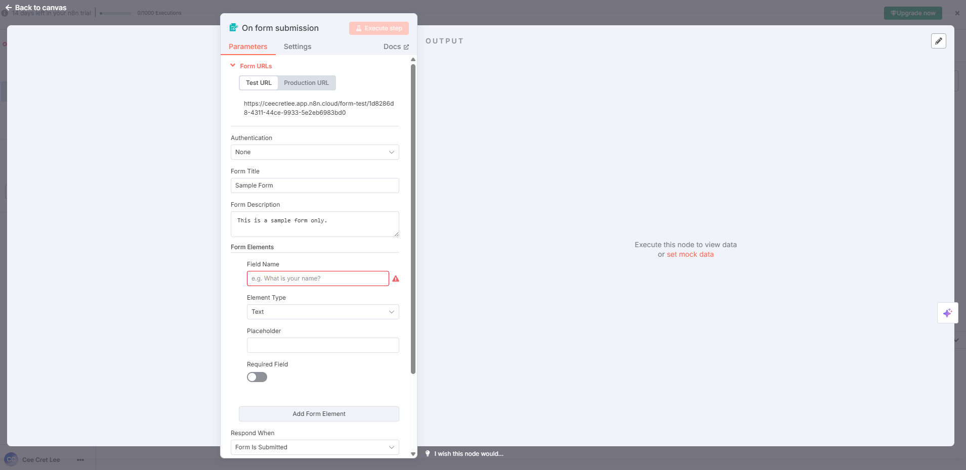 "On form submission" node customization pop-up with fields for form URLs, title, description, and elements like "Field Name" and "Element Type."