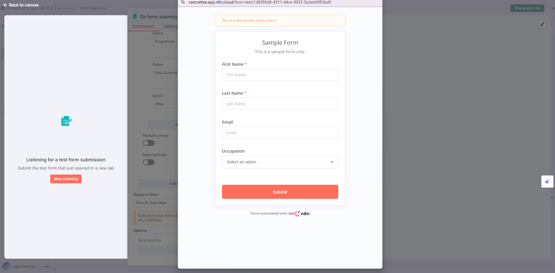 Test submission form with fields for name, email, and occupation, and a "Submit" button. A "Listening for test form submission" prompt is on the left.