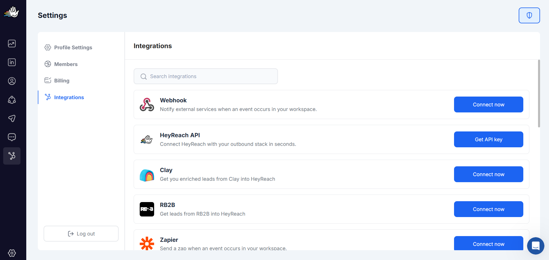 HeyReach settings page showing integration options like Webhook, API, Clay, RB2B, and Zapier with connect buttons.