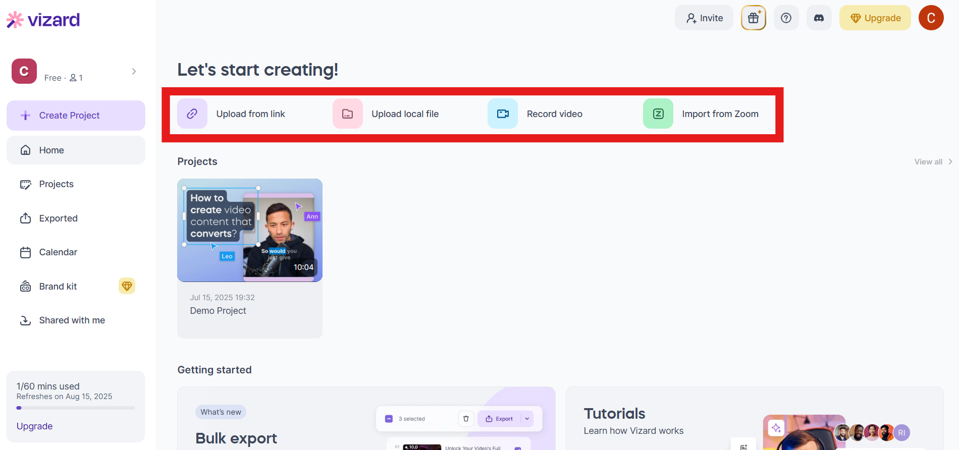 Vizard interface showing options to upload from link, upload local file, record video, or import from Zoom.
