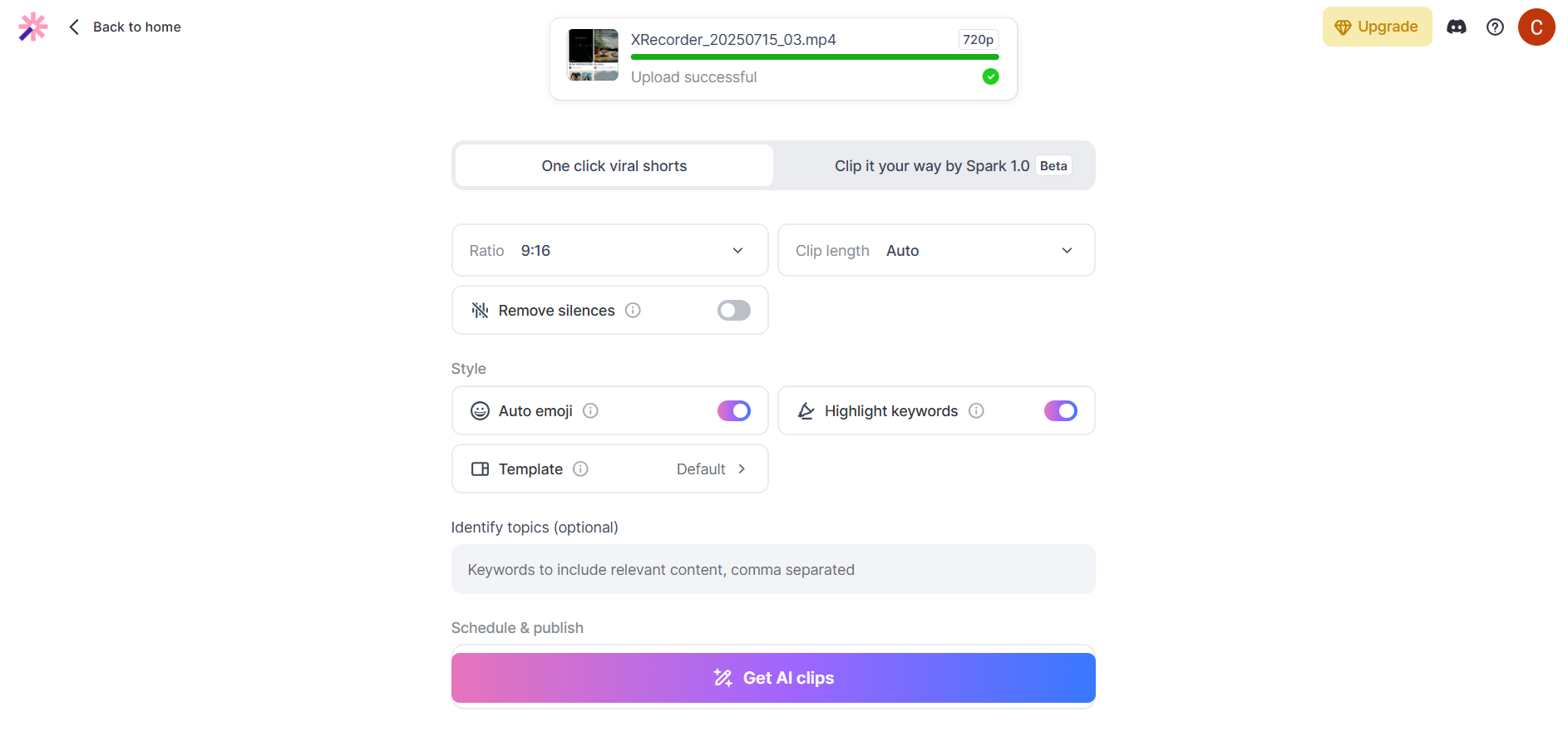 Vizard interface with settings to auto‑generate AI clips