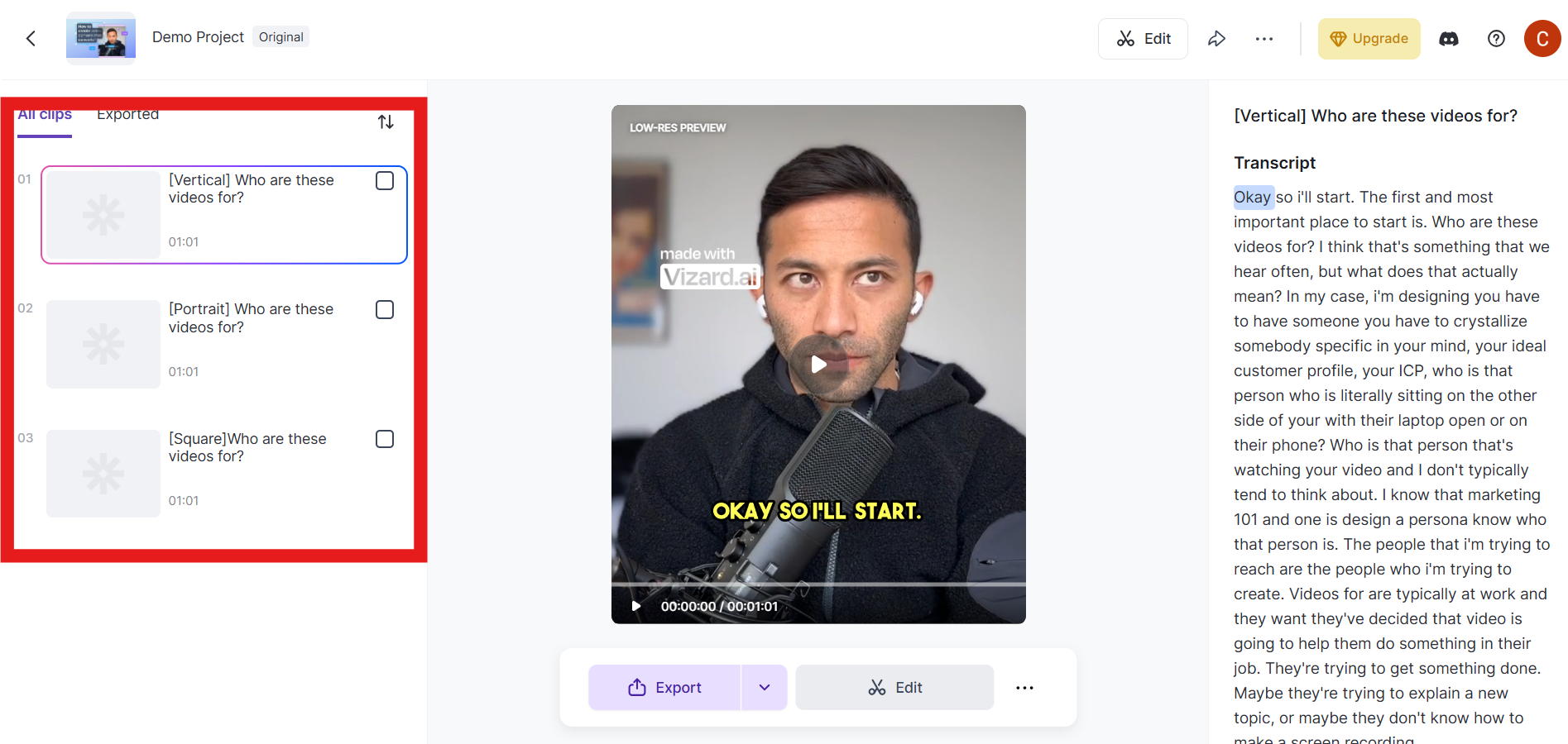 Vizard interface showing multiple suggested video clips with transcript and preview options.