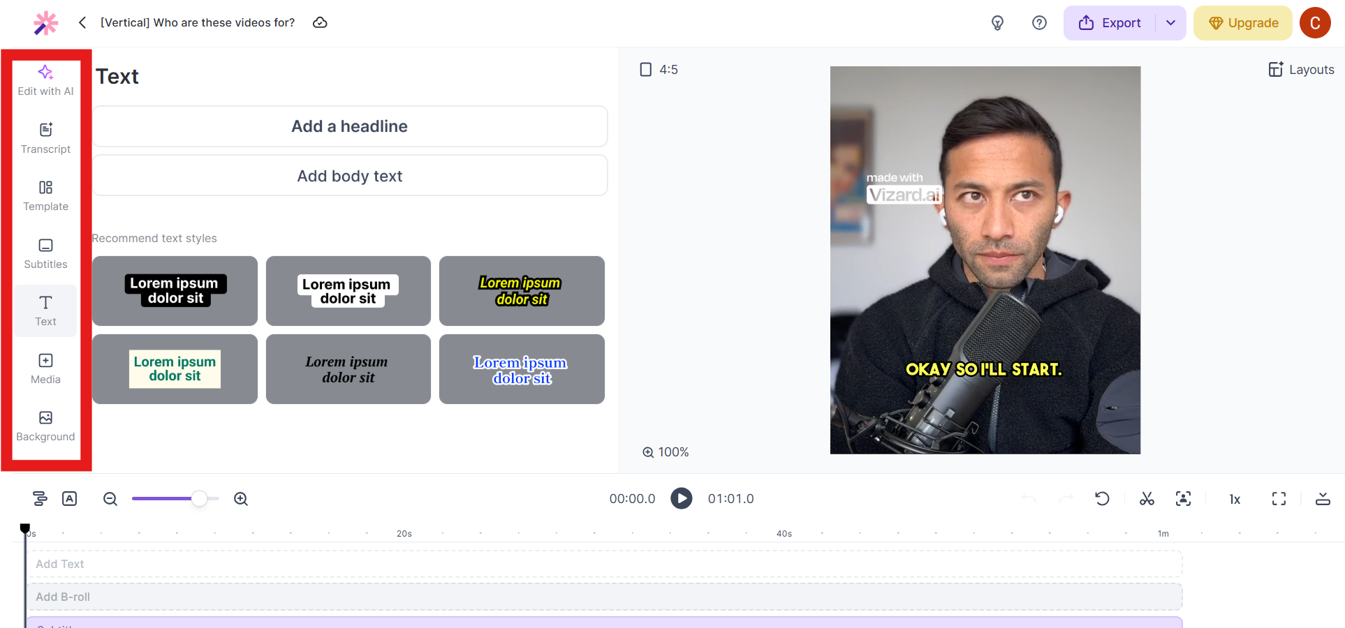 Vizard editor showing options to edit with AI, add text styles, templates, subtitles, media, and backgrounds.