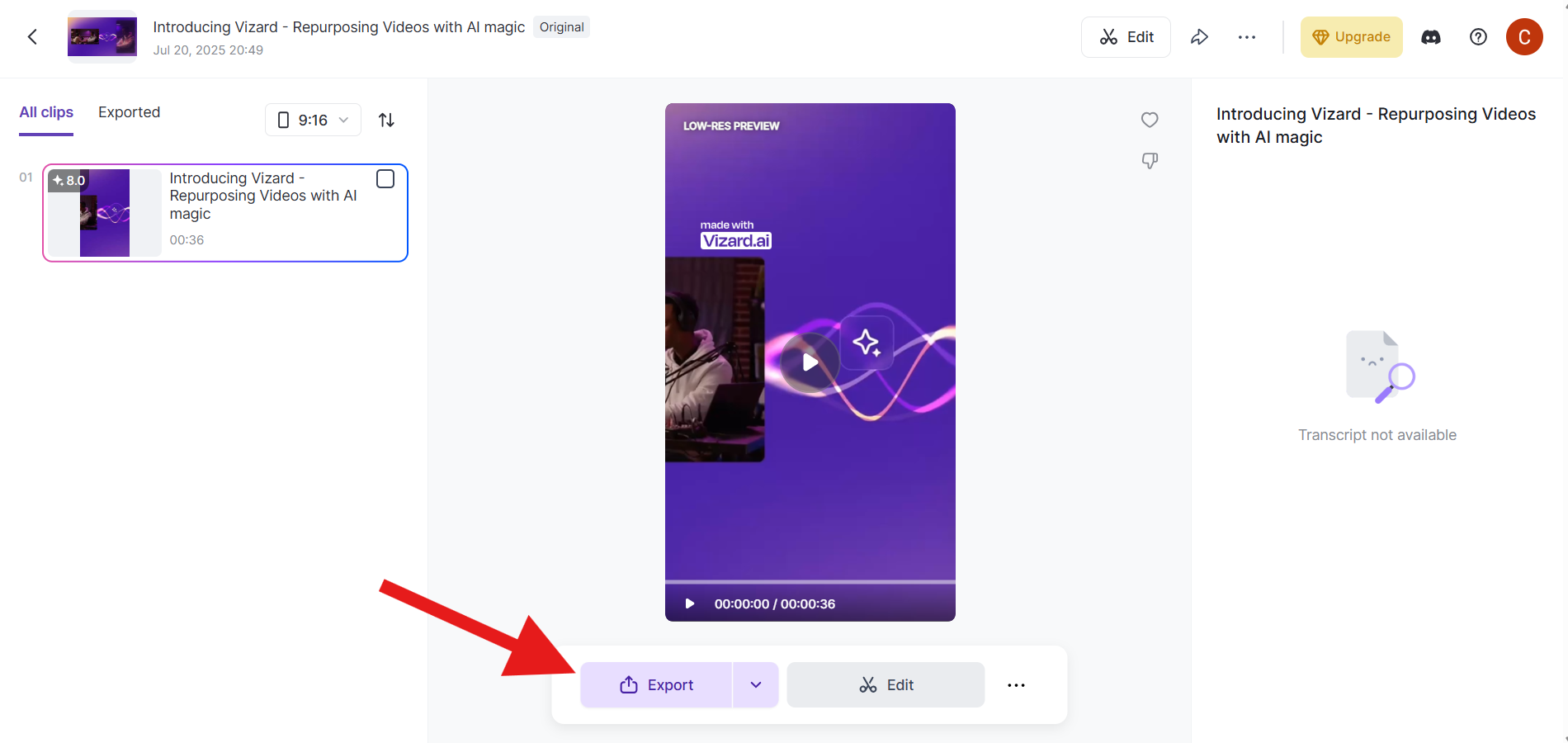 Vizard interface showing the export button to download or publish the completed video.