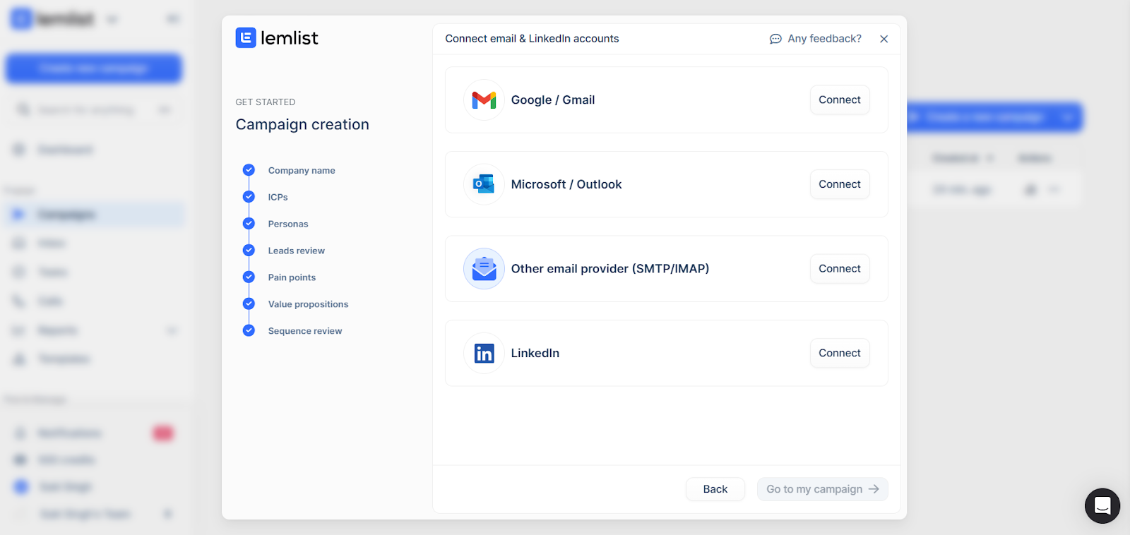 Lemlist final setup screen with options to link Gmail, Outlook, SMTP/IMAP, or LinkedIn.