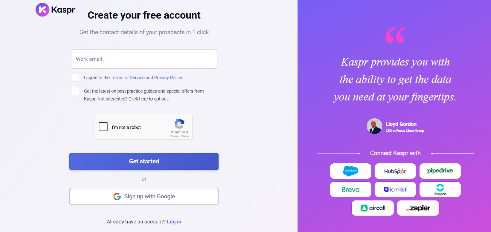 A screenshot of the Kaspr account creation page, featuring a form to enter a work email.