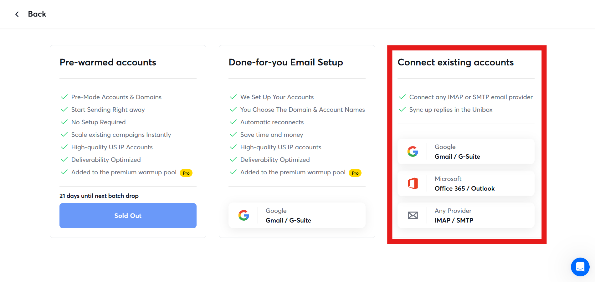 Instantly dashboard showing options to connect existing email accounts like Gmail, Outlook, or any IMAP/SMTP provider.