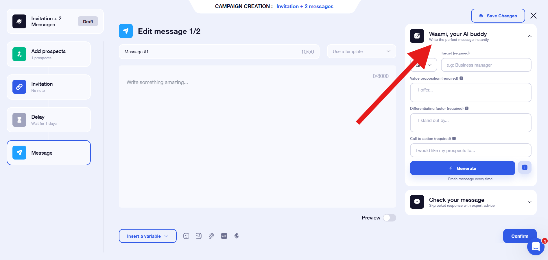 Waalaxy campaign editor showing Waami AI assistant panel with fields for target audience, value proposition, differentiator, and call to action to generate tailored messages.