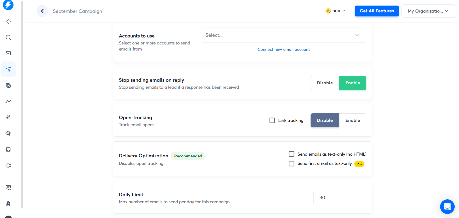 Campaign settings to adjust email accounts, tracking, and daily limits.