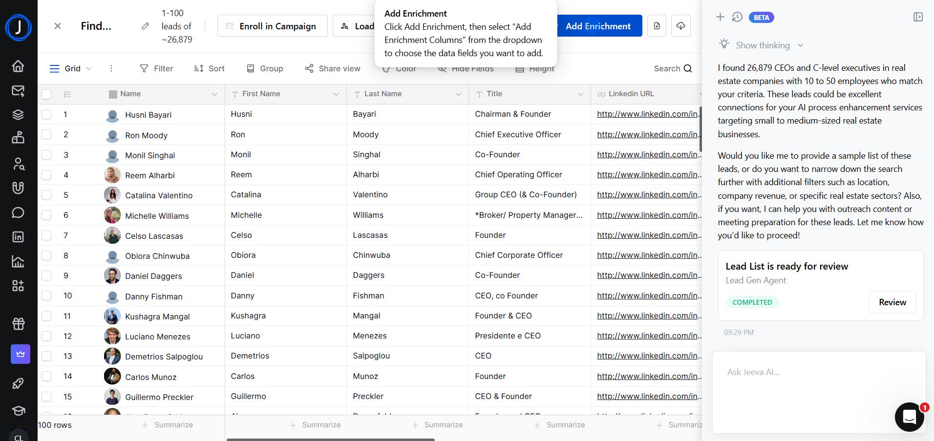 Jeeva AI lead list showing names, job titles, and LinkedIn URLs of potential contacts.
