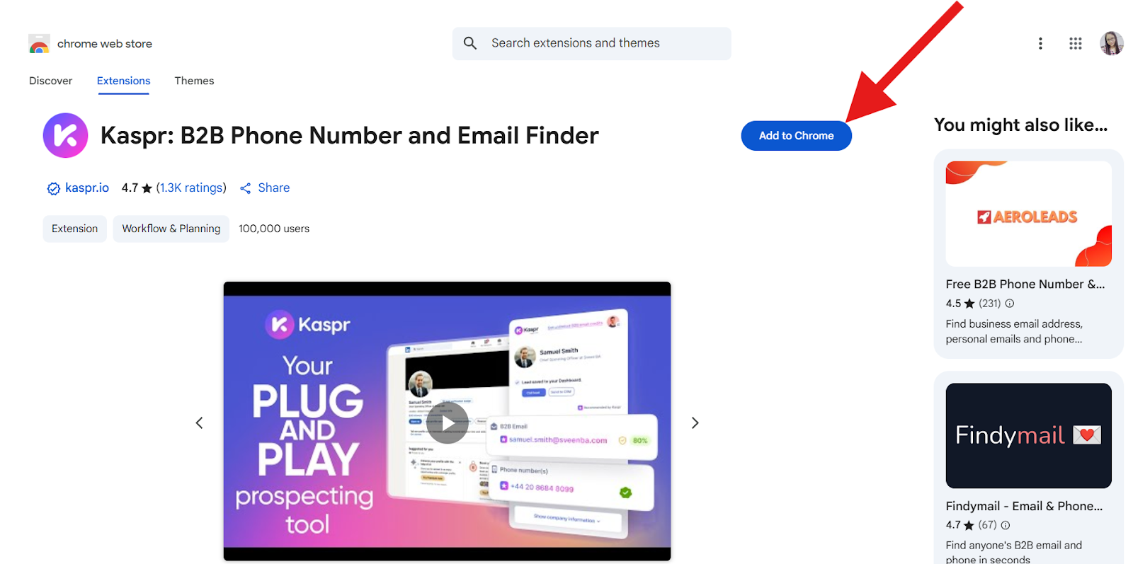 A screenshot from the Chrome Web Store showing the Kaspr: B2B Phone Number and Email Finder extension page.