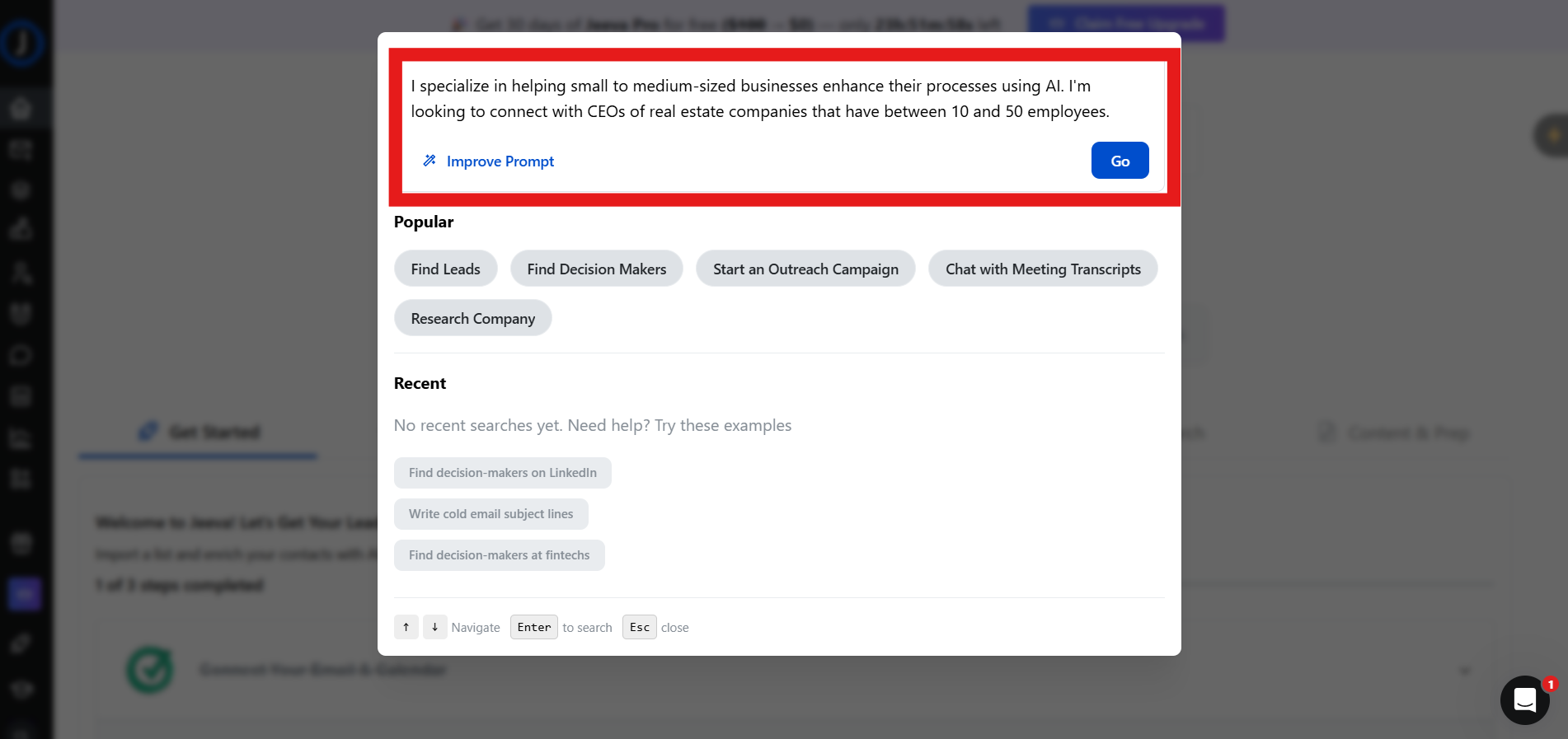 Jeeva AI prompt box with options to Go or Improve Prompt for lead generation.