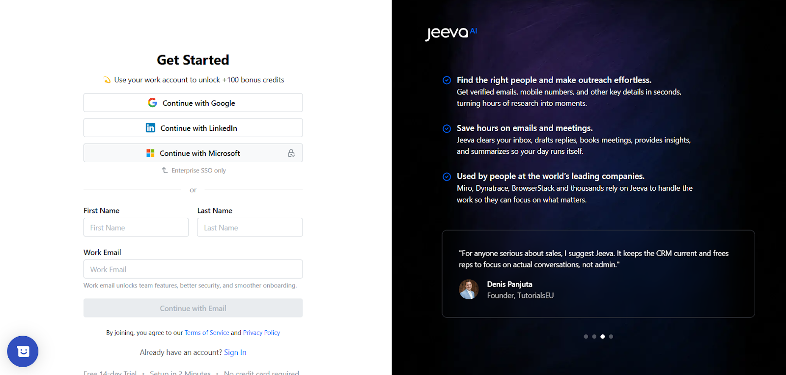 Jeeva AI sign-up page with options to continue using Google, LinkedIn, or Microsoft.