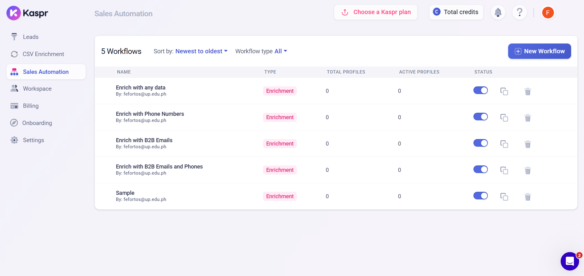 A screenshot of the Kaspr Sales Automation page, displaying a table of 5 workflows sorted by newest to oldest, all of type "Enrichment."