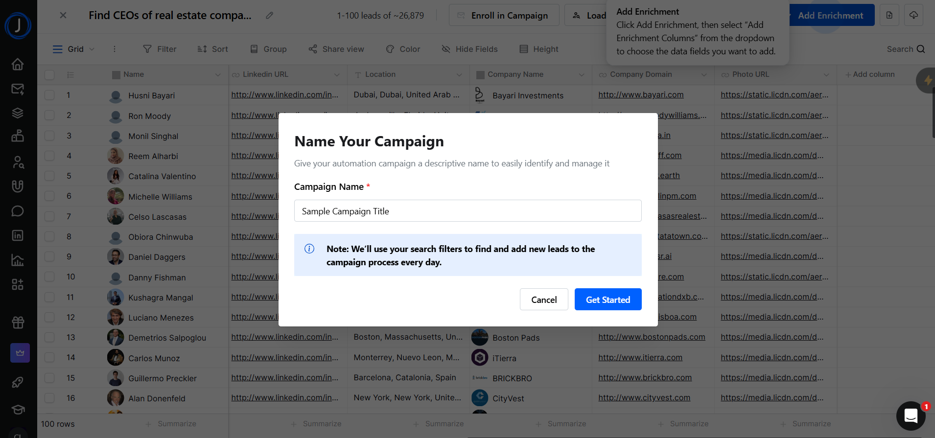 Jeeva AI campaign setup pop-up showing a field to enter a campaign name before starting outreach automation.