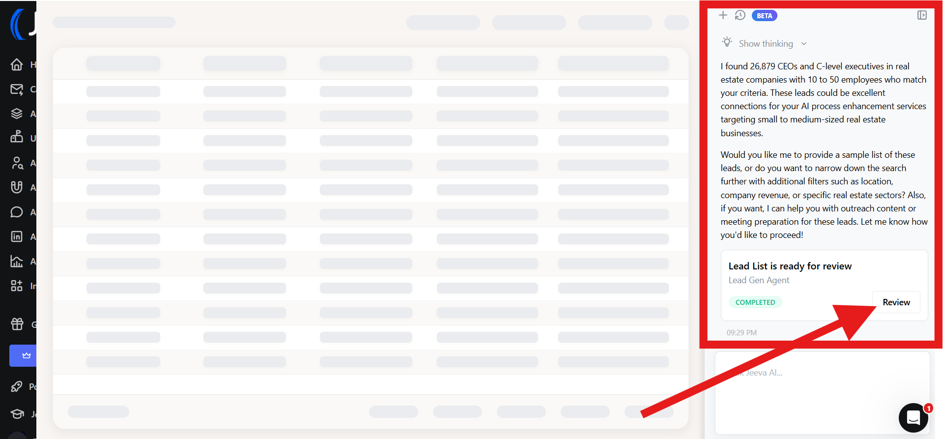 Jeeva AI interface showing a generated list of leads with a review button after scanning the internet.