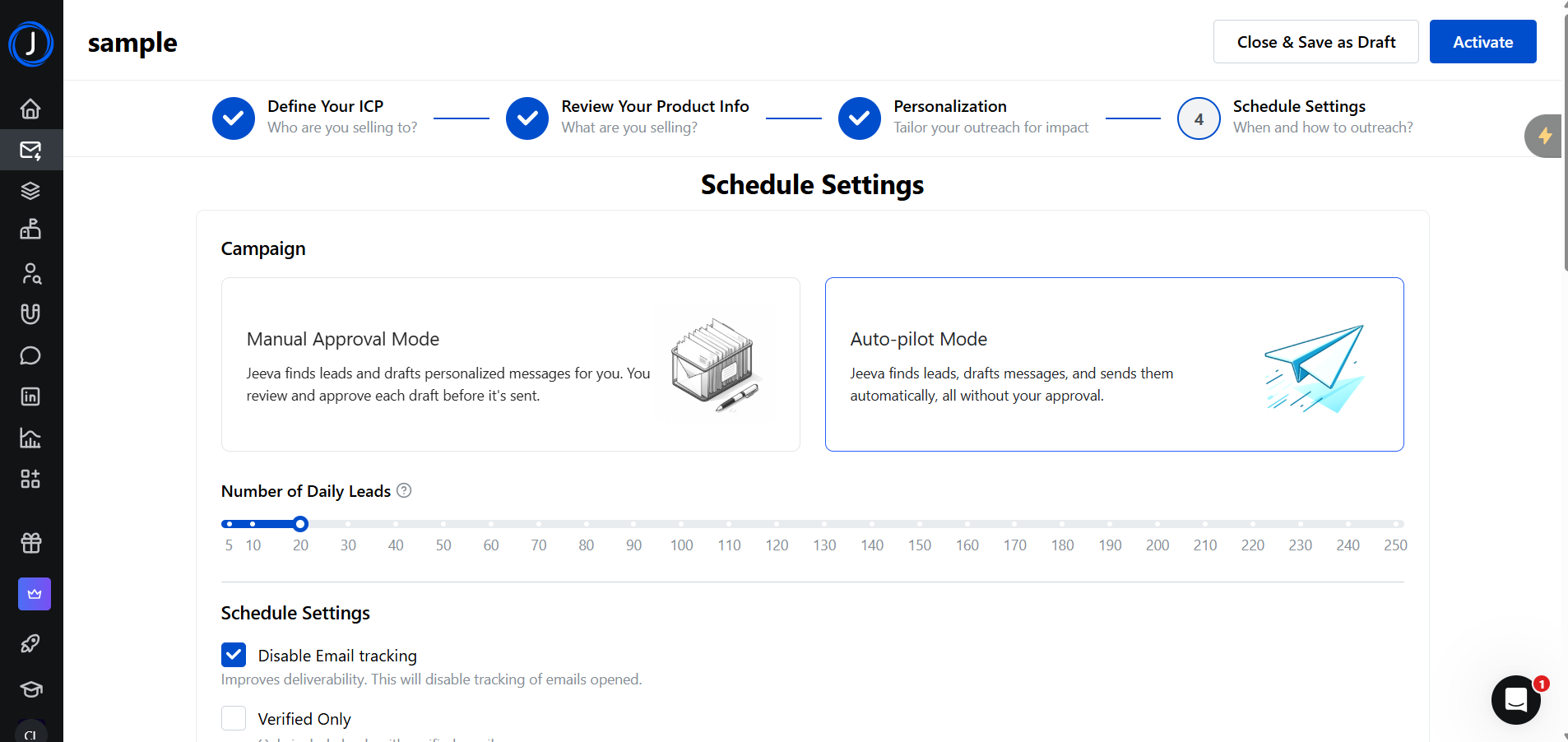 Screenshot of a campaign setup interface titled "sample" on the "Schedule Settings" step, offering Manual Approval Mode and Auto-pilot Mode options for lead management and email drafting.