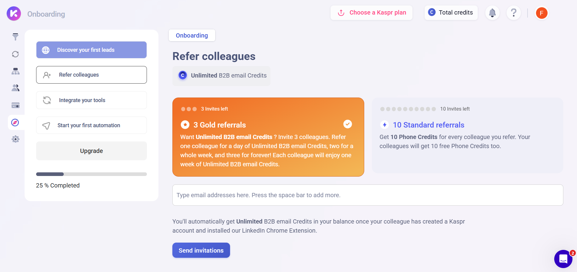 A screenshot of the Kaspr Onboarding page under the "Refer colleagues" section, offering unlimited B2B email credits for 3 Gold referrals or 10 Phone Credits for 10 Standard referrals.