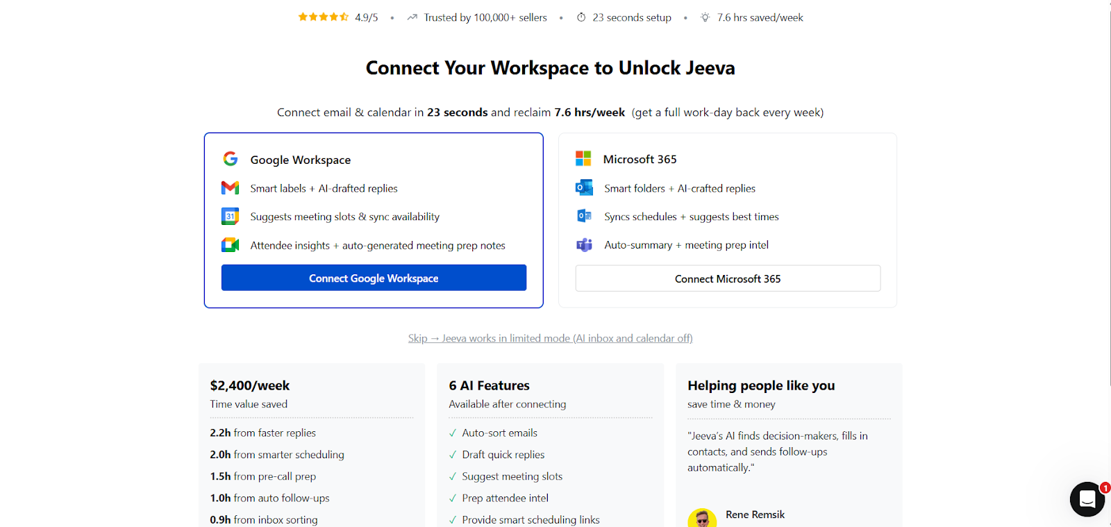 Jeeva AI setup screen showing options to connect Google Workspace or Microsoft 365.