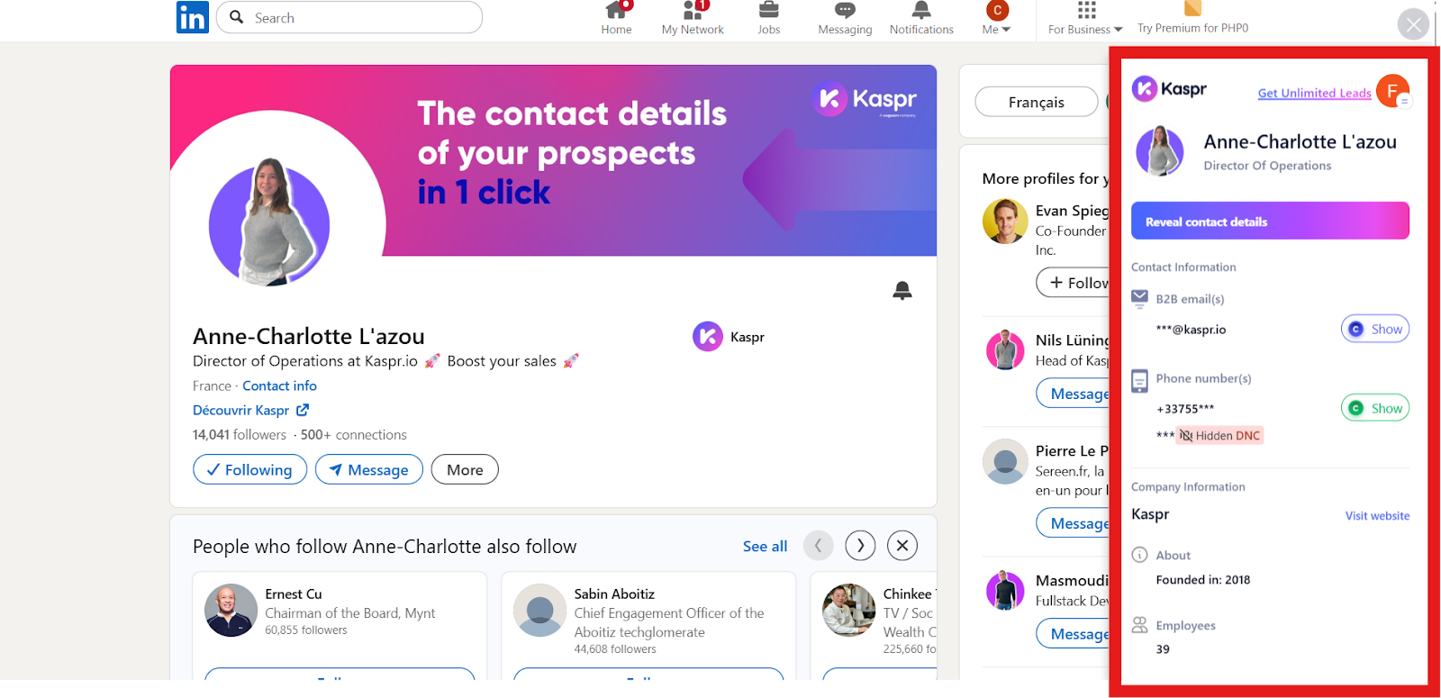 A screenshot of Anne-Charlotte L'azou's LinkedIn profile with the Kaspr sidebar extension, showing B2B email(s) and phone number(s) with a "Reveal contact details" button, plus company info (founded 2018, 39 employees).