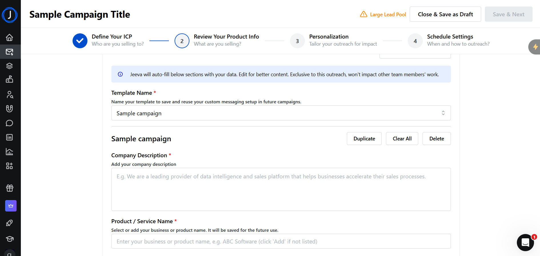 Jeeva AI campaign setup screen showing fields for company description and product or service name.