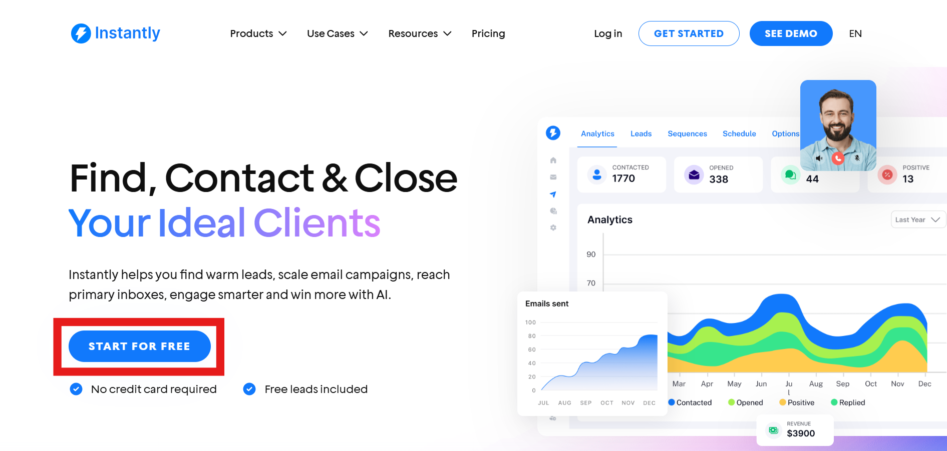 Instantly landing page showing client tools and signup button.