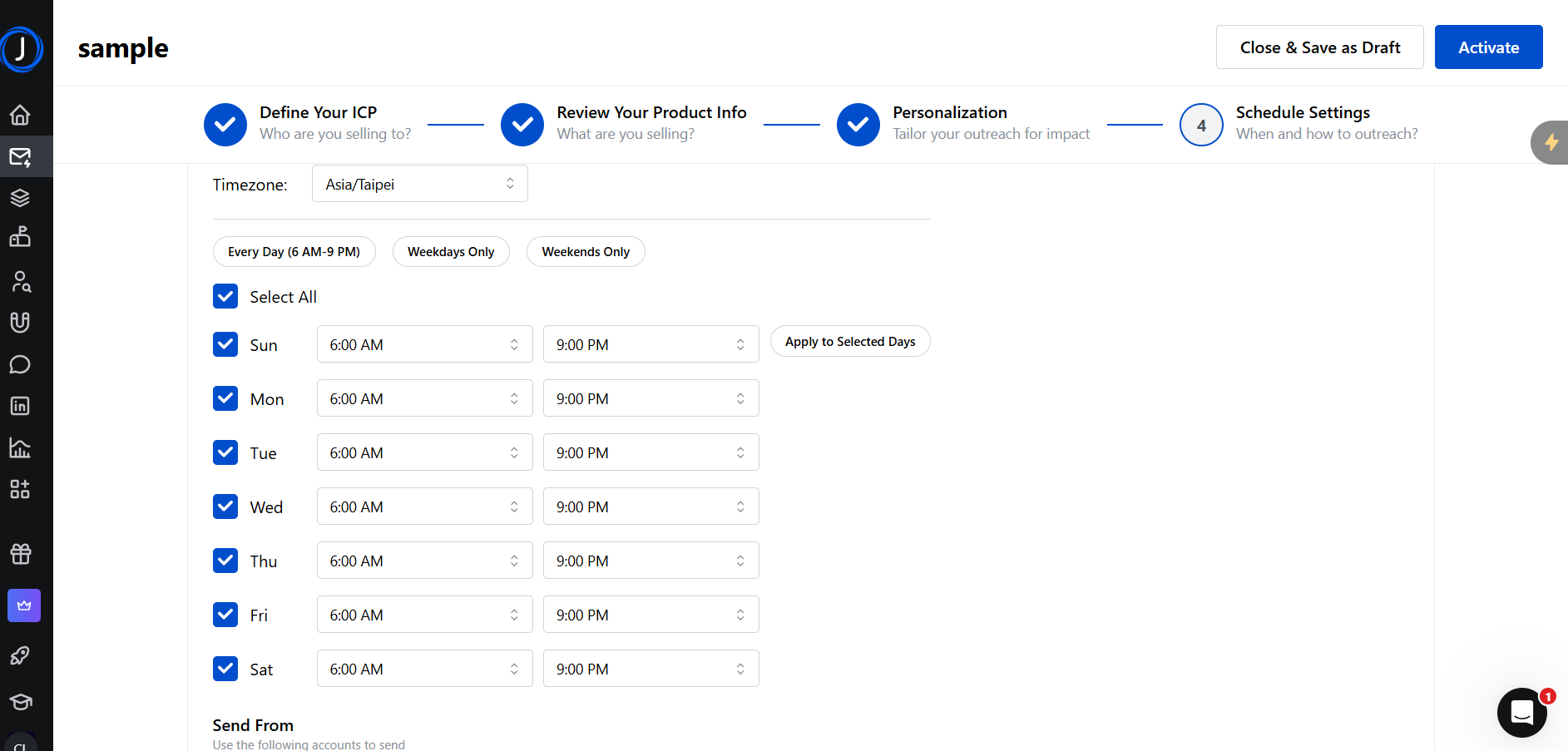Screenshot of a campaign setup interface titled "sample" on the "Schedule Settings" step, set to Asia/Taipei timezone with "Every Day (6 AM - 9 PM)" selected.