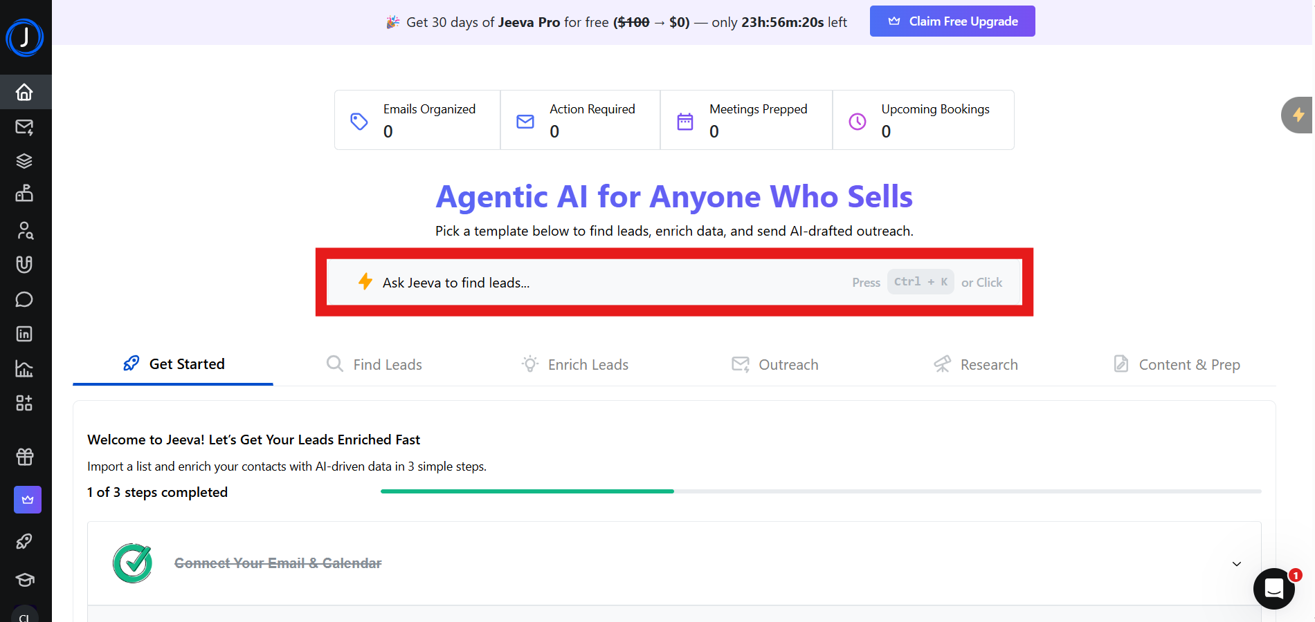 Jeeva AI dashboard showing the highlighted prompt field labeled 'Ask Jeeva to find leads.'