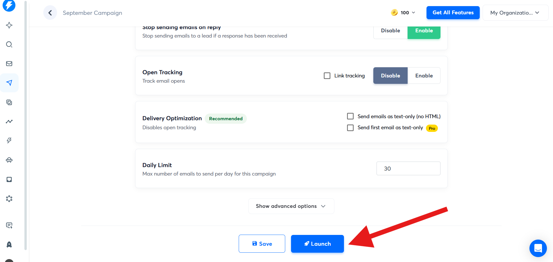 Instantly campaign settings page with a blue "Launch" button highlighted by a red arrow.