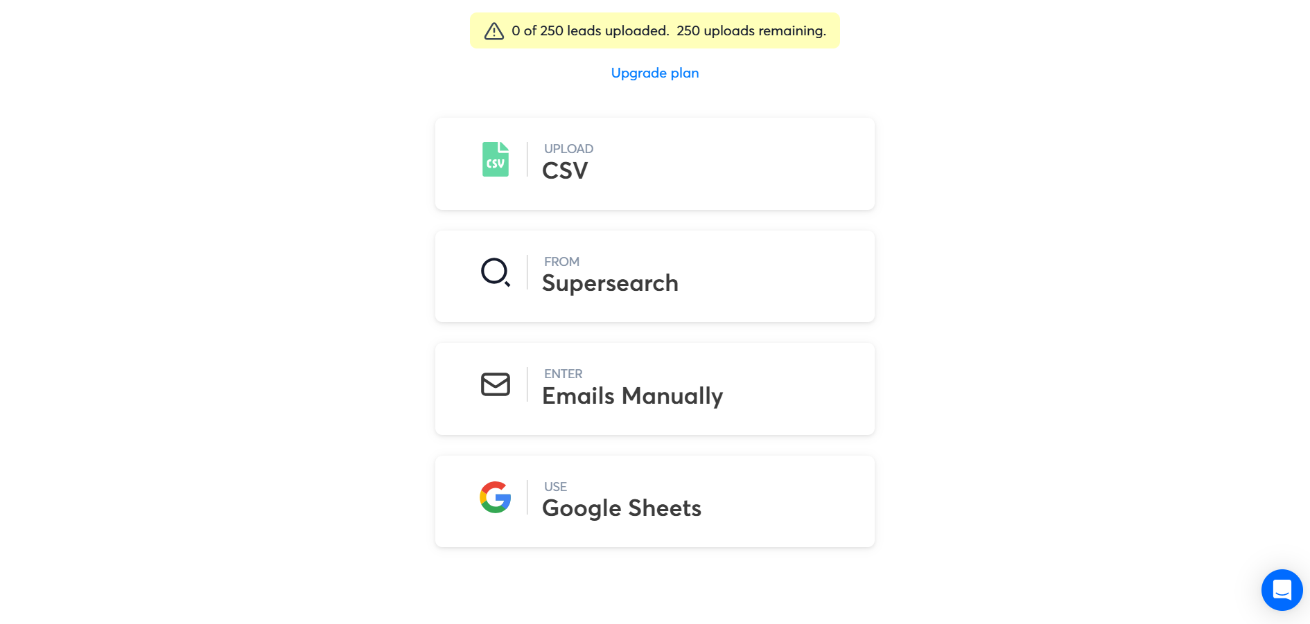 Instantly lead upload screen with options to import from CSV, Superserach, manual entry, or Google Sheets.
