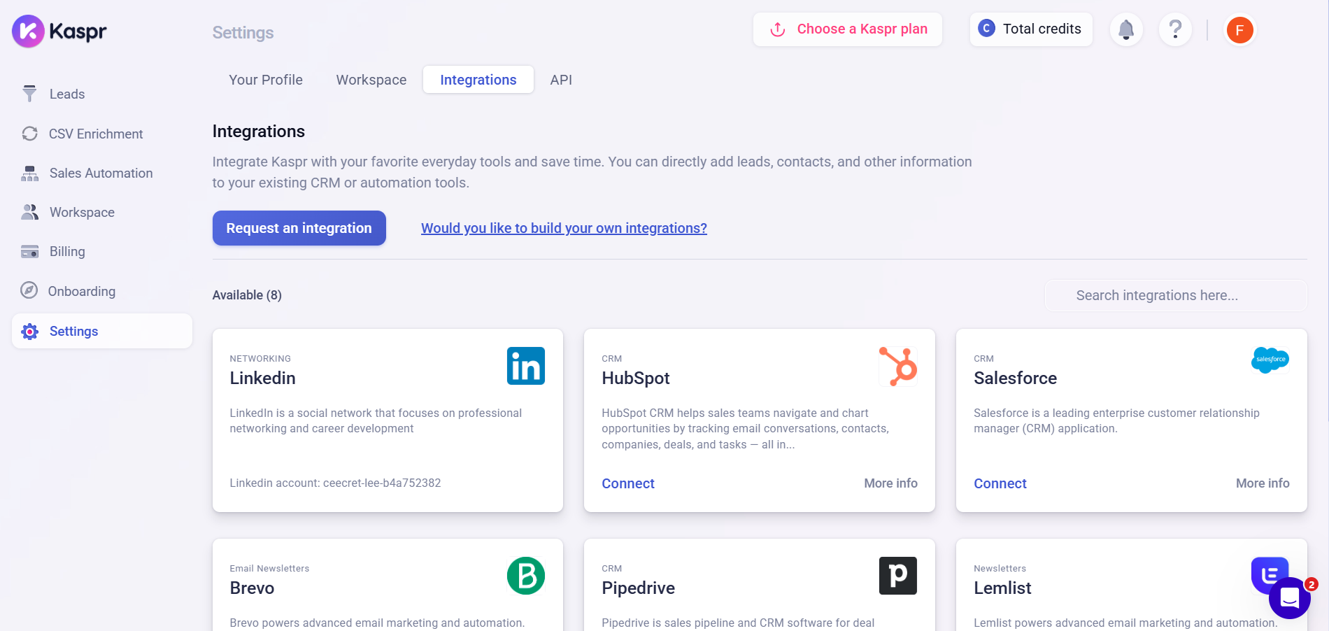 A screenshot of the Kaspr Settings page under the Integrations tab, showing options to connect with LinkedIn, HubSpot, Salesforce, Pipedrive, Brevo, and Lemlist etc.