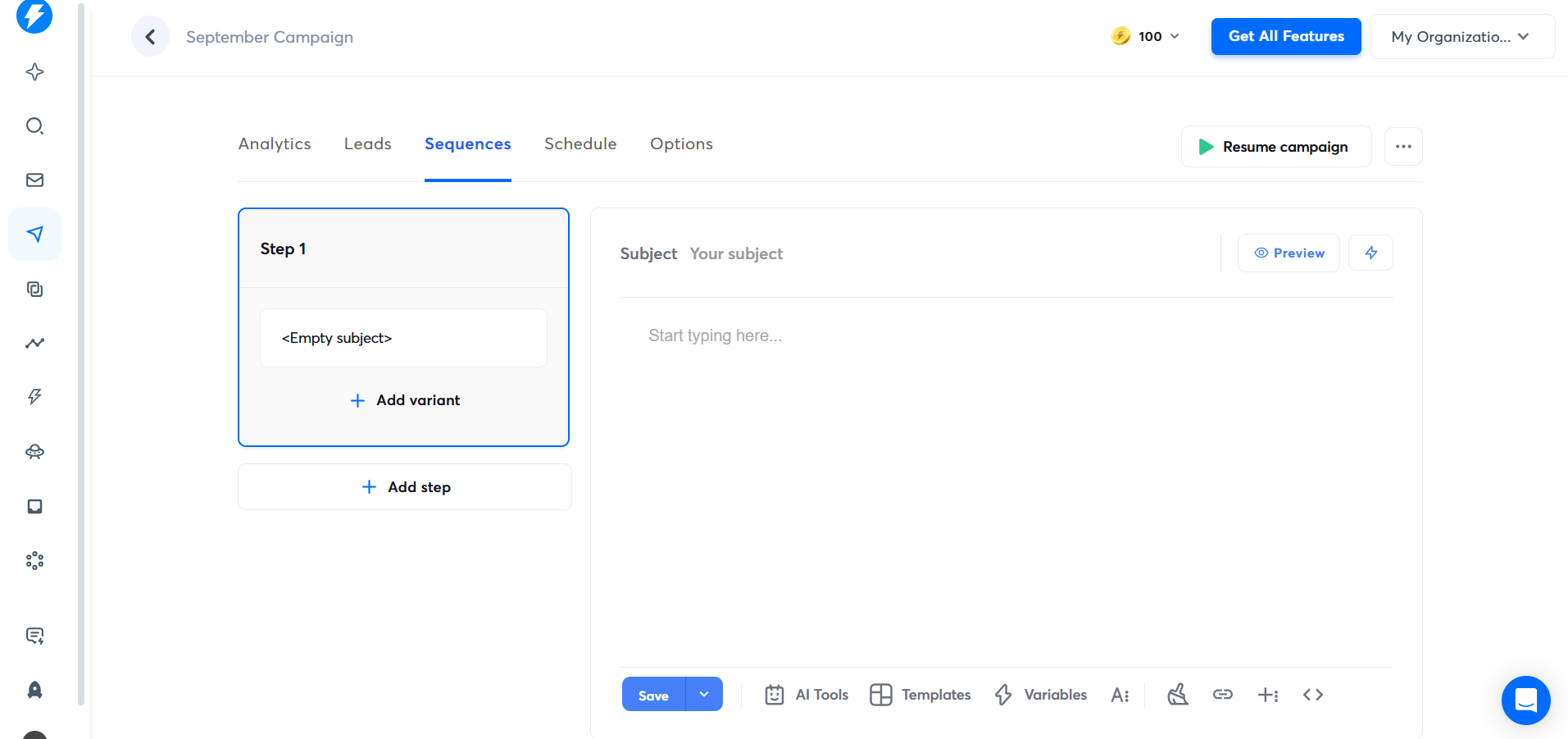 Instantly campaign sequence editor showing options to add steps, write emails, and set follow-ups.