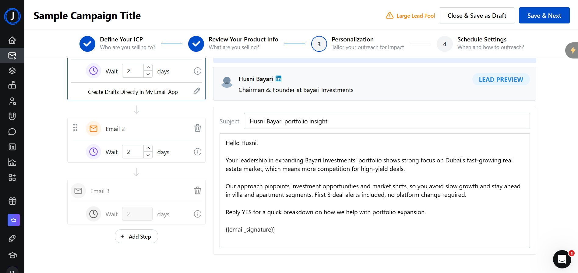 Screenshot of a campaign setup interface titled "Sample Campaign Title" on the "Personalization" step, showing a sequence with a 2-day wait, email draft creation, and two more emails spaced 2 days apart.