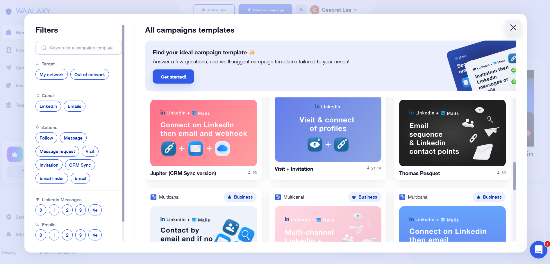 Waalaxy dashboard showing campaign template library with filters and pre-made sequences such as LinkedIn + Email workflows for prospecting.