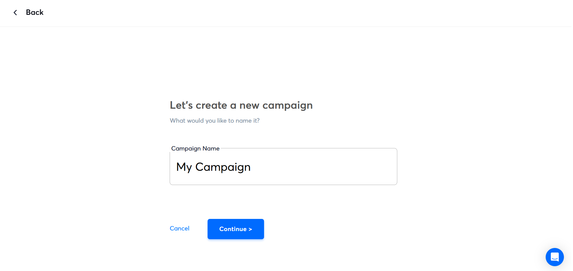 Instantly campaign setup screen with a field to enter the campaign name and a blue "Continue" button.