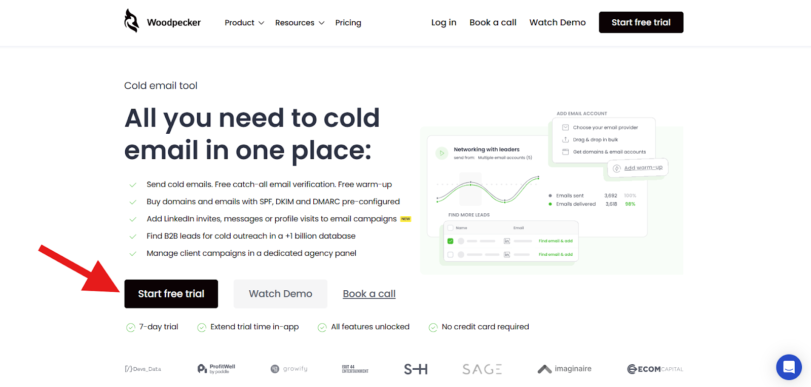 Screenshot of the Woodpecker.co homepage with the sign-up button highlighted.