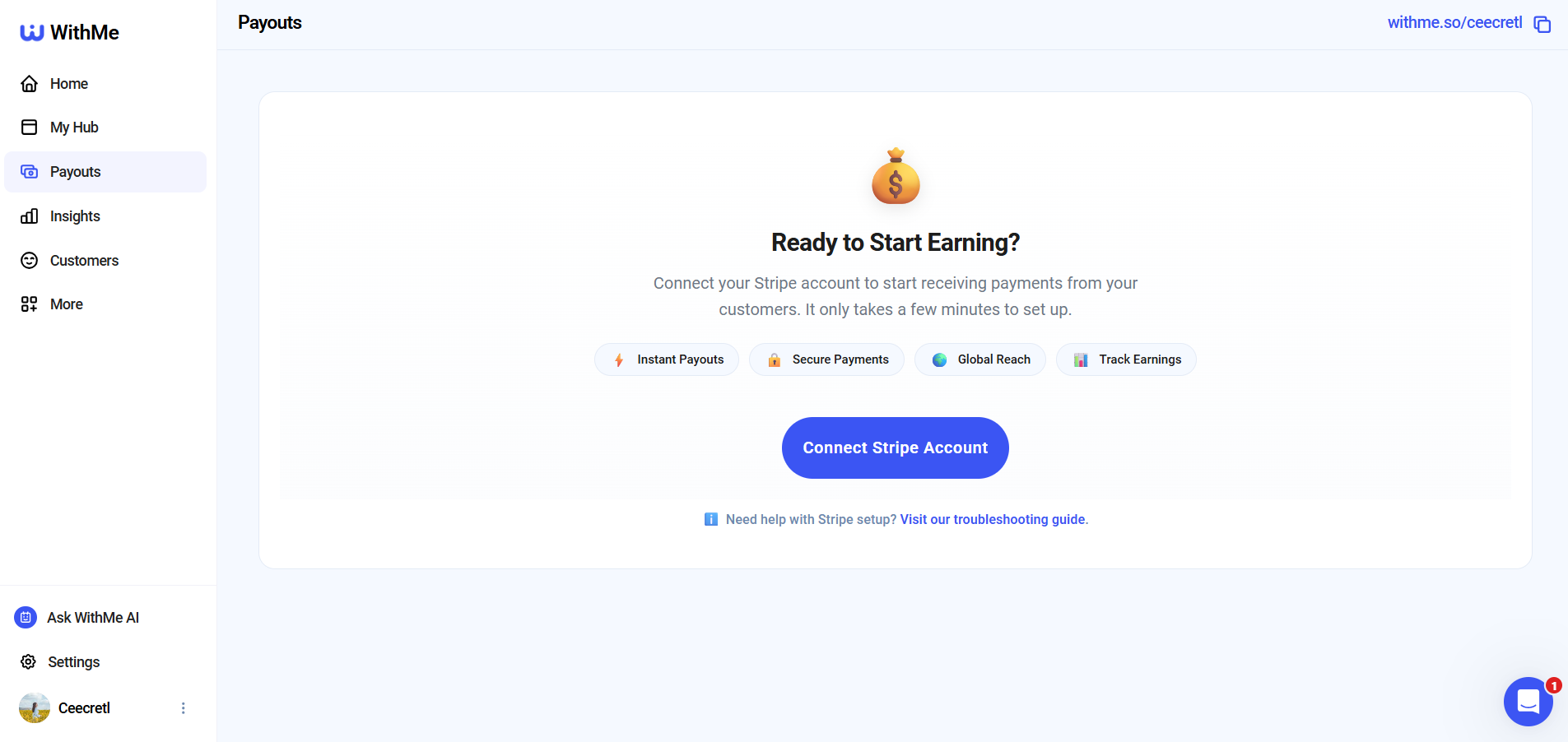 Screenshot of WithMe payout setup page with a “Connect Stripe Account” button.
