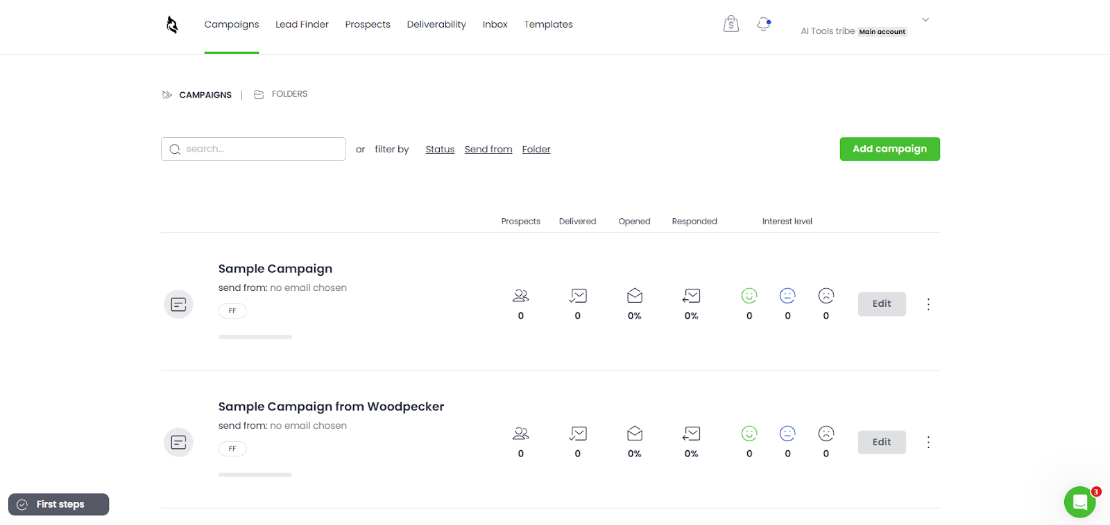 Screenshot of Woodpecker’s campaign analytics dashboard showing open and reply rates.