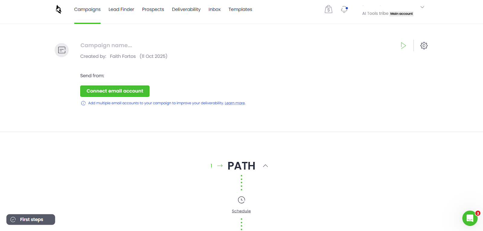 Screenshot of the Woodpecker Campaigns tab showing the “Create Campaign” screen.