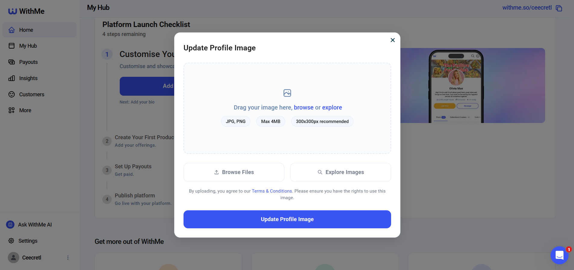 Screenshot of WithMe profile setup showing the upload image window.