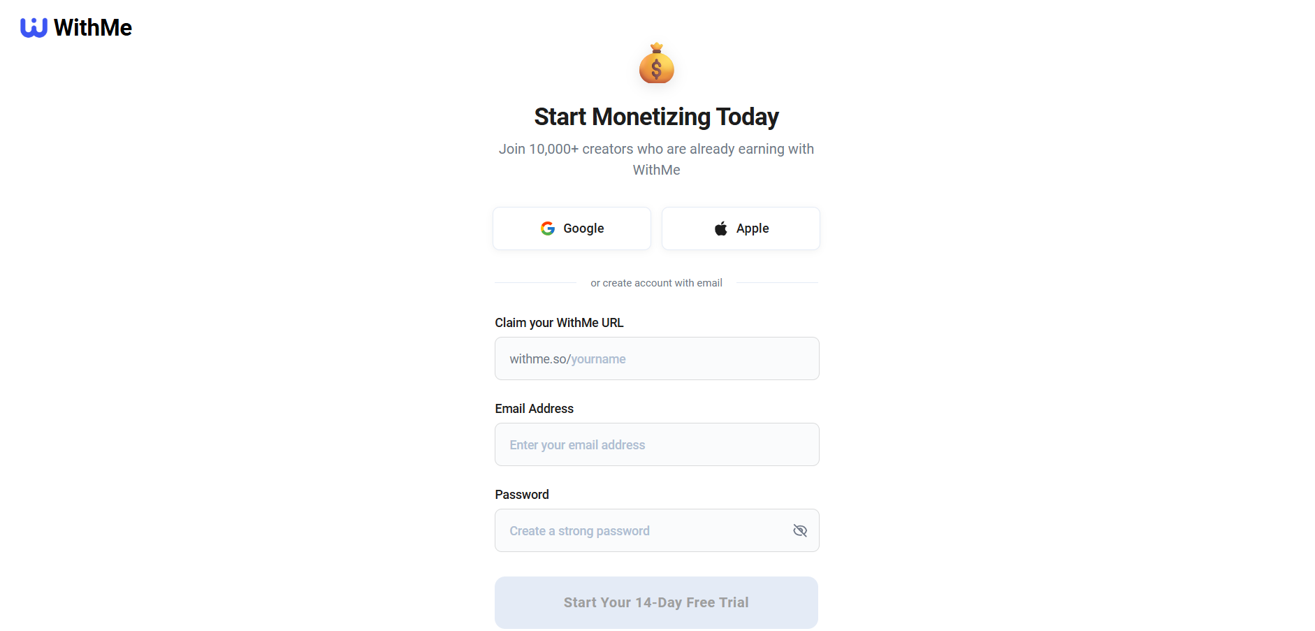 Screenshot of WithMe sign-up form with Google, Apple, and email options.