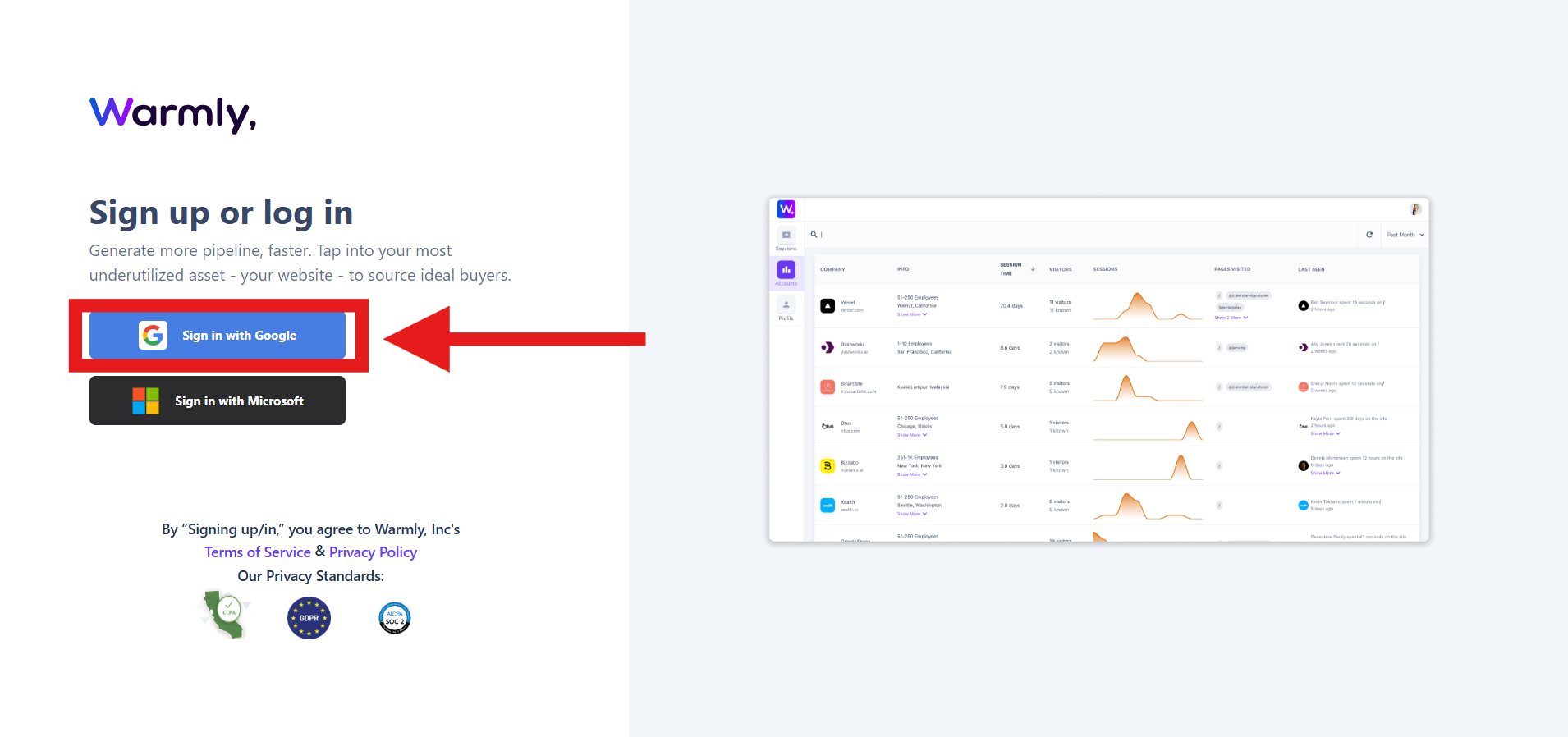 Screenshot showing the “Sign in with Google” button on the Warmly AI login page.