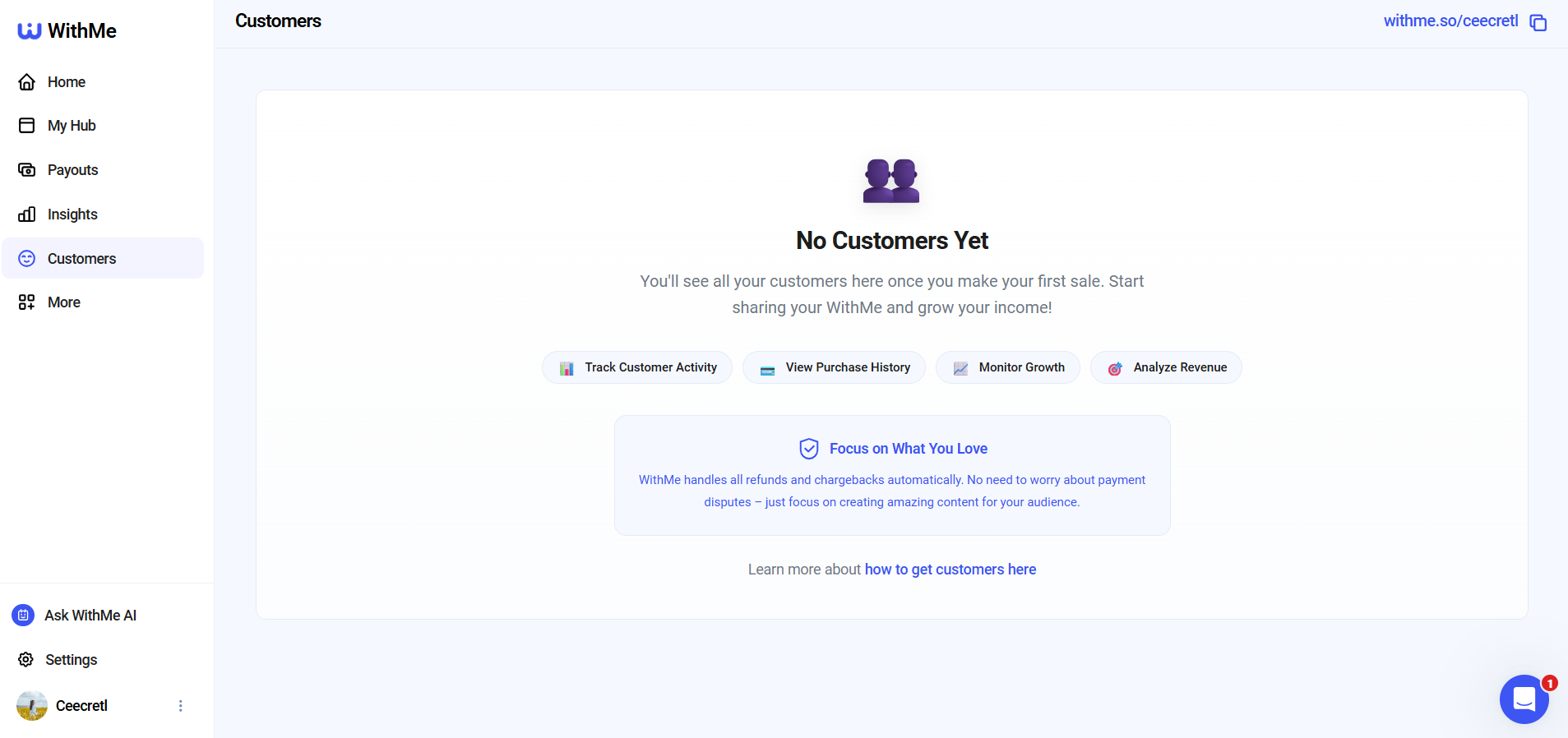 Screenshot of WithMe Customers page showing tracking and analysis options.