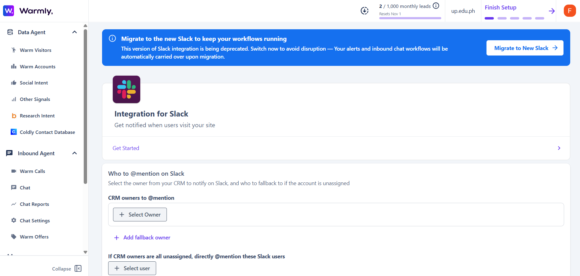 Screenshot of Warmly AI’s Slack integration settings showing options to migrate to the new Slack version, get started with integration, and assign CRM owners or fallback users for lead notifications.