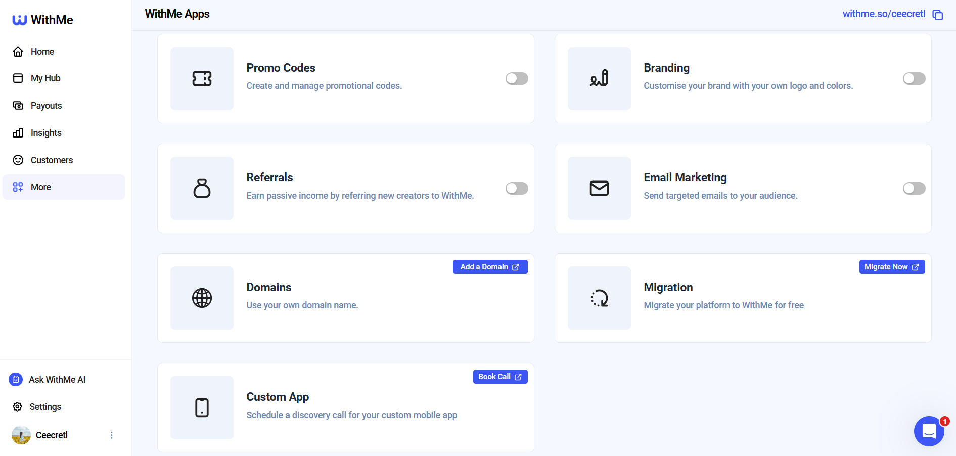 Screenshot of WithMe Apps page showing options for promo codes, branding, referrals, email marketing, and domains.