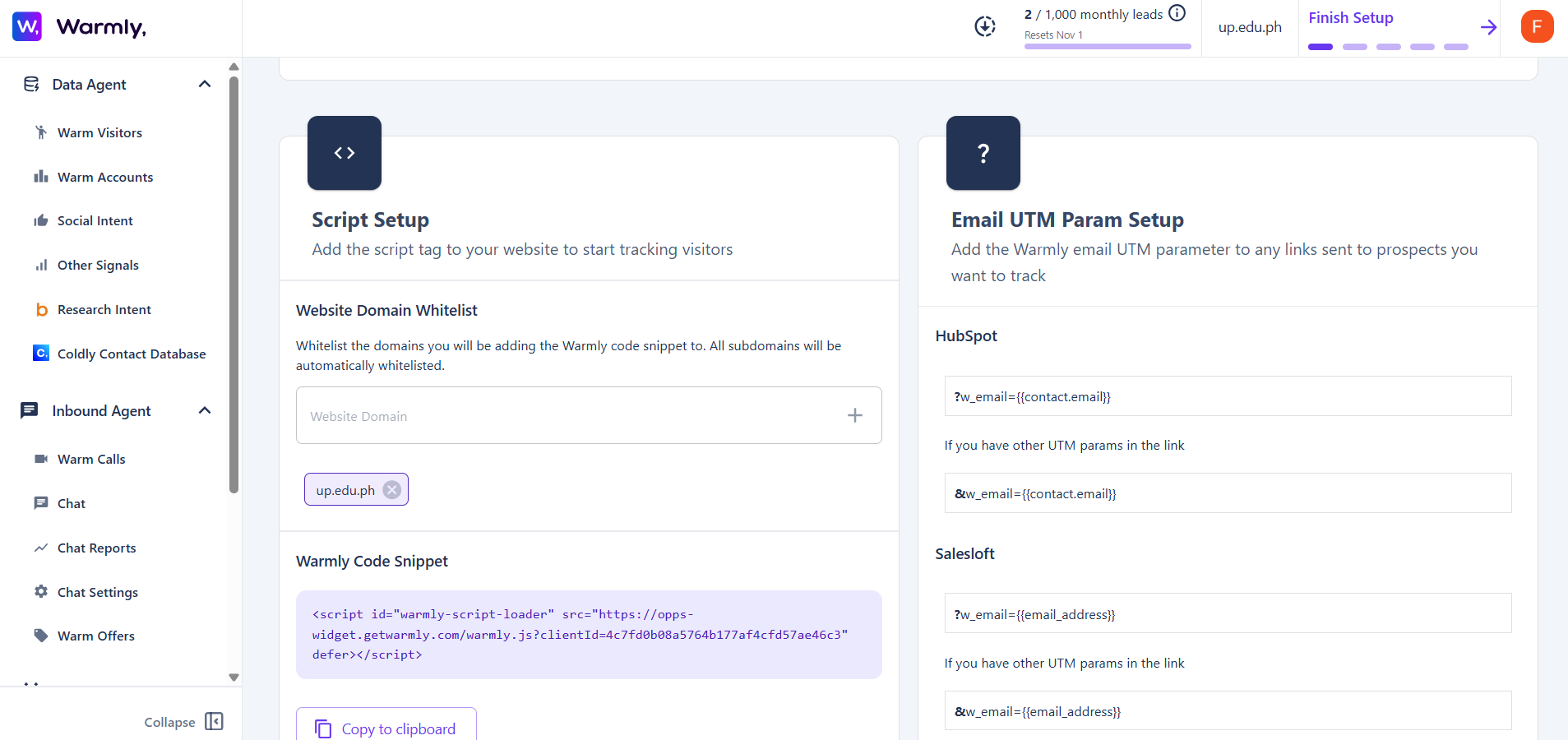 Screenshot of Warmly AI’s Script and Email UTM Setup page showing website domain whitelisting, code snippet, and UTM parameter formats for HubSpot and Salesloft.