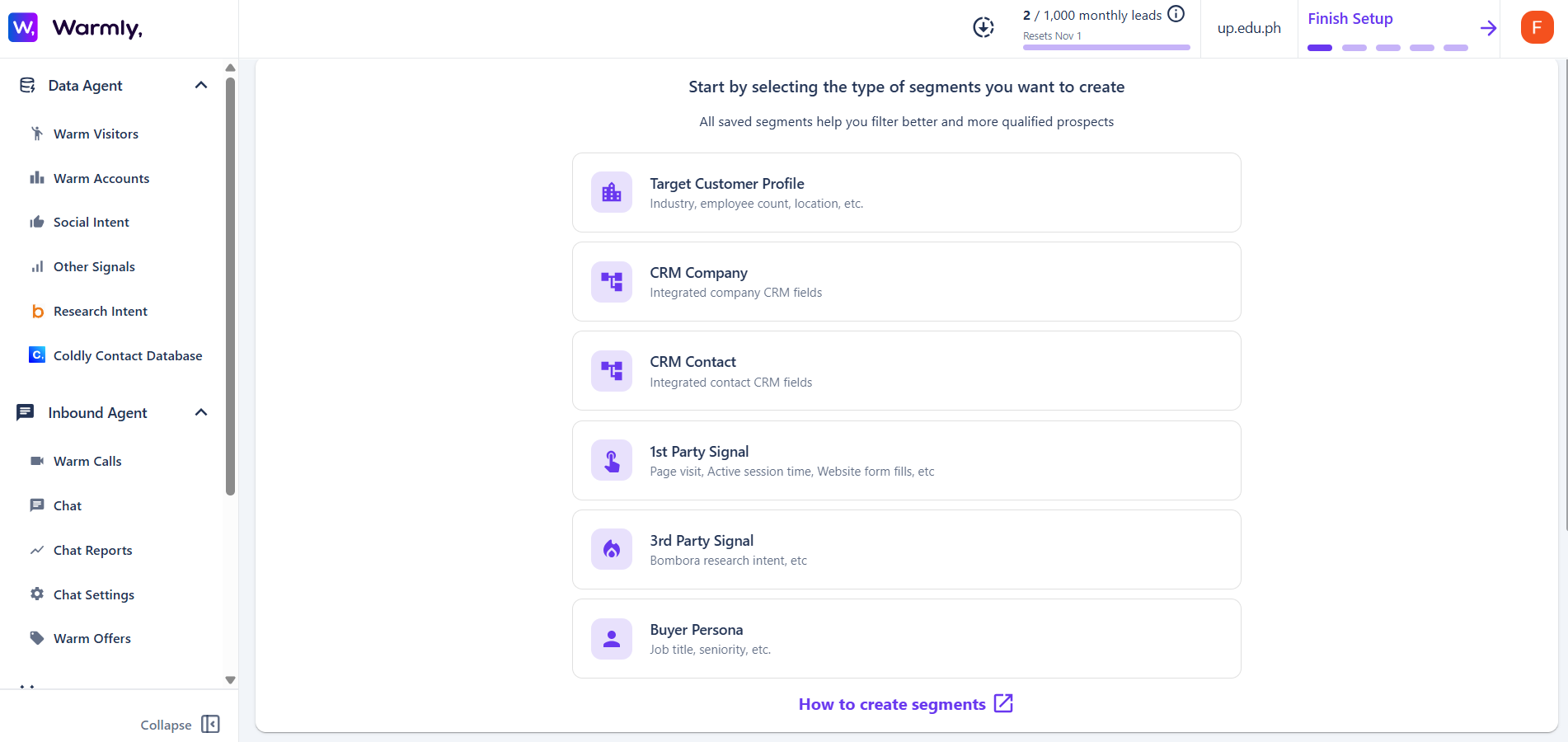 Screenshot showing Warmly AI’s segment builder with options like Target Profile, CRM data, and intent signals.