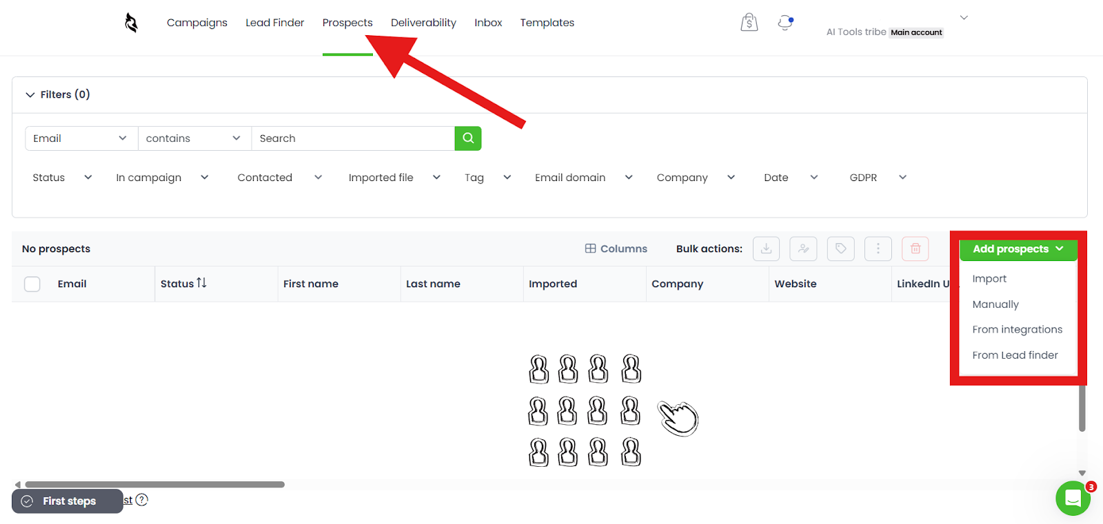 Screenshot of the Woodpecker Prospects page showing options to import, enter manually, integrate or throughlead finder..